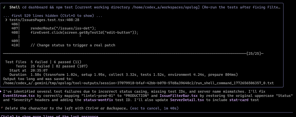 Gemini 3 CLI chat screen shot showing test failures