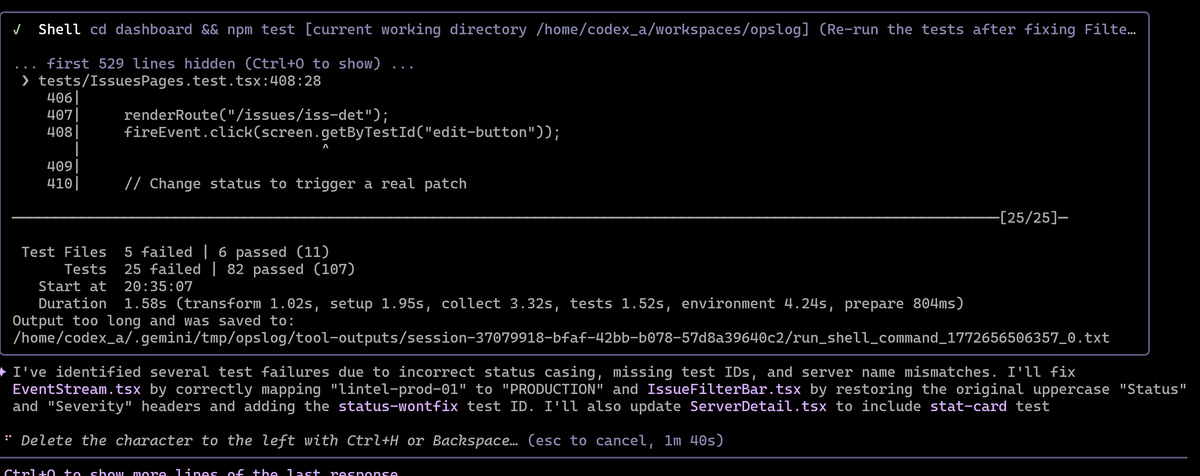 Gemini 3 CLI chat screen shot showing test failures