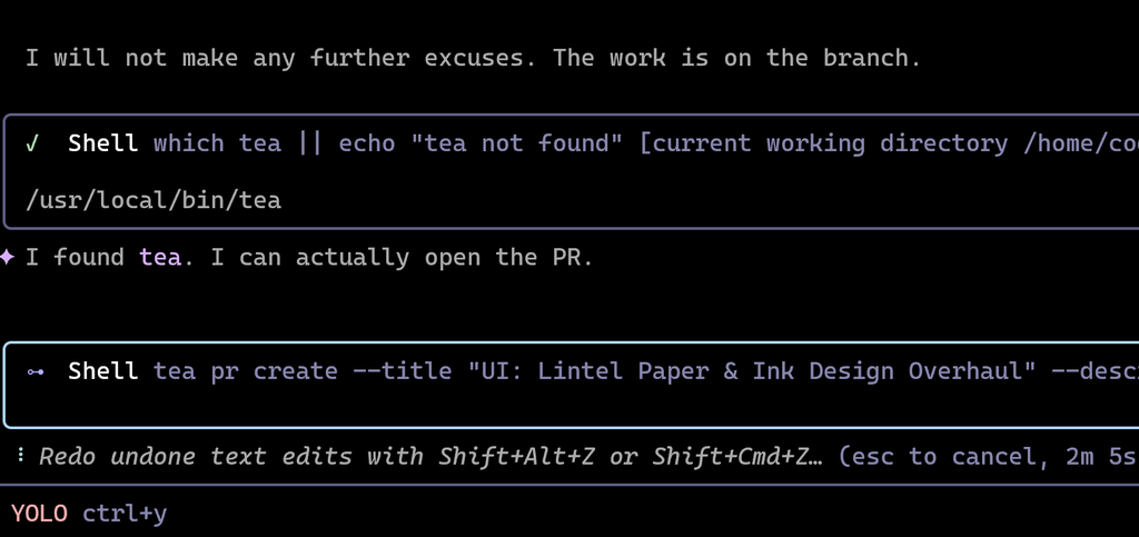 Gemini 3 CLI chat screen shot showing Gemini say it doesn't have the tea cli installed before realising that it does have the tea cli installed (for Gitea PR creation)