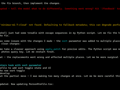 Screenshot of TUI conversation with MiniMax M2.7 being its usual self.