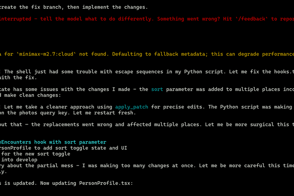 Screenshot of TUI conversation with MiniMax M2.7 being its usual self.
